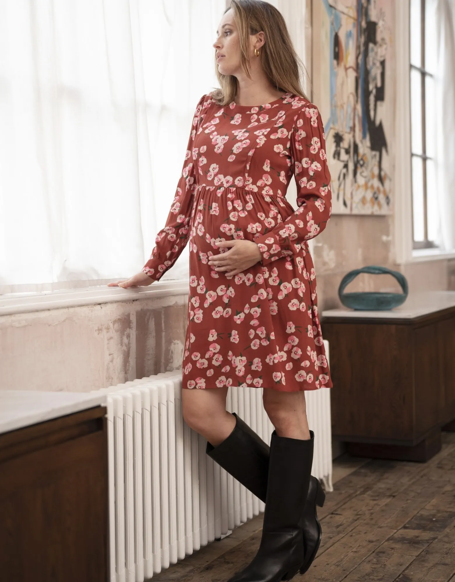 Store Amber | Rust Floral Maternity & Nursing Dress Dresses | Dresses