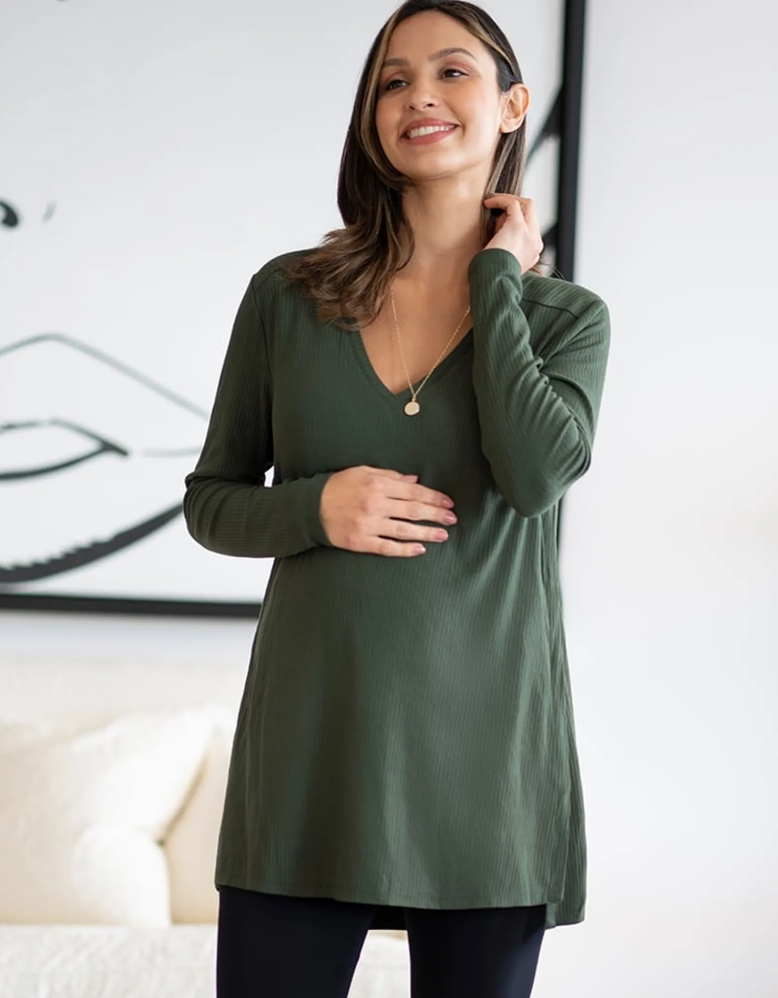 Outlet Babbi | Khaki Ribbed Maternity & Nursing Top Tops | Hoodies & Tops