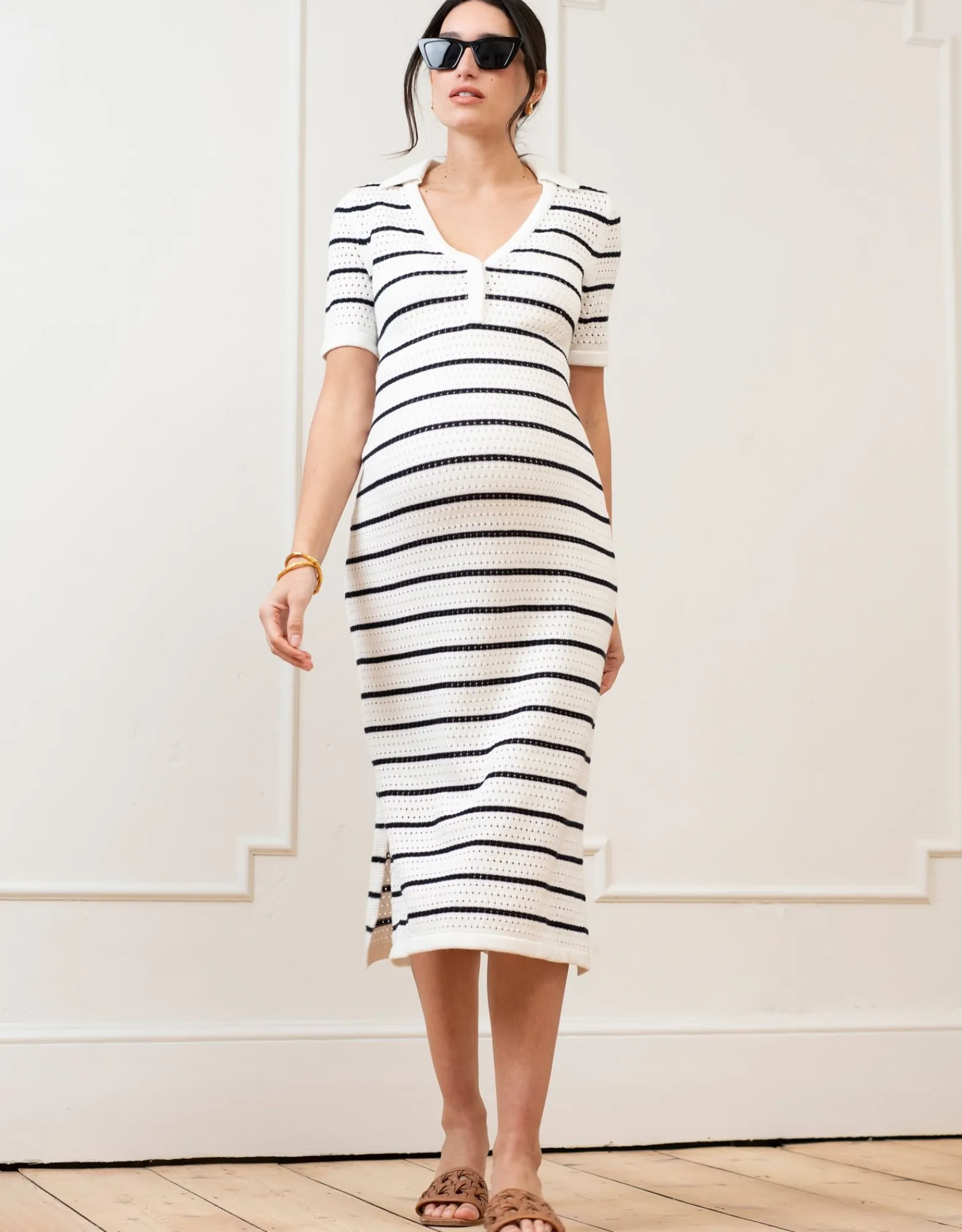 Shop Eura | Crochet-Look Striped Collar Midi Maternity and Nursing Dress Dresses | Dresses