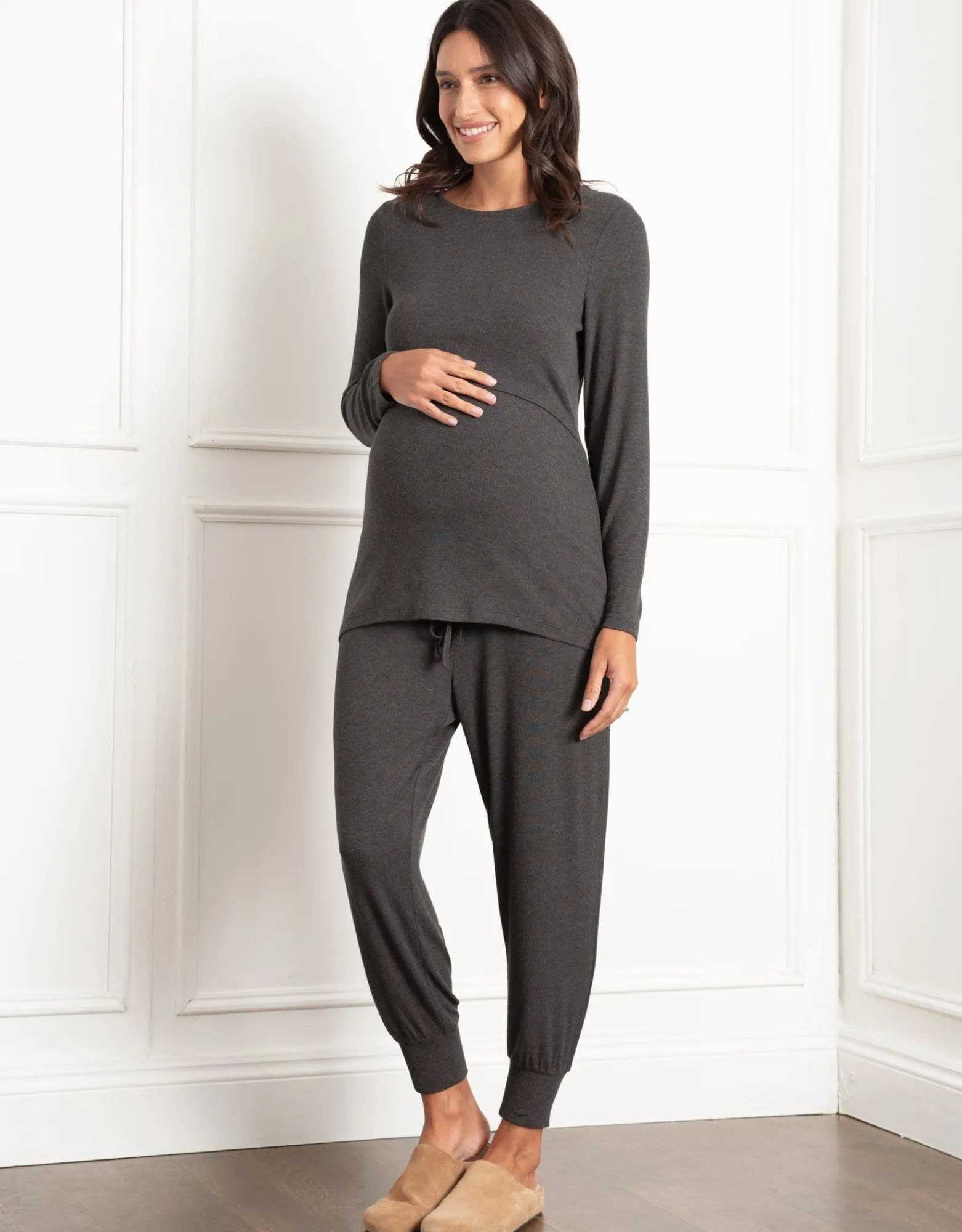 Hot Eyva | Long Sleeve Ribbed Maternity & Nursing Pyjama Set Sleepwear | Nightwear