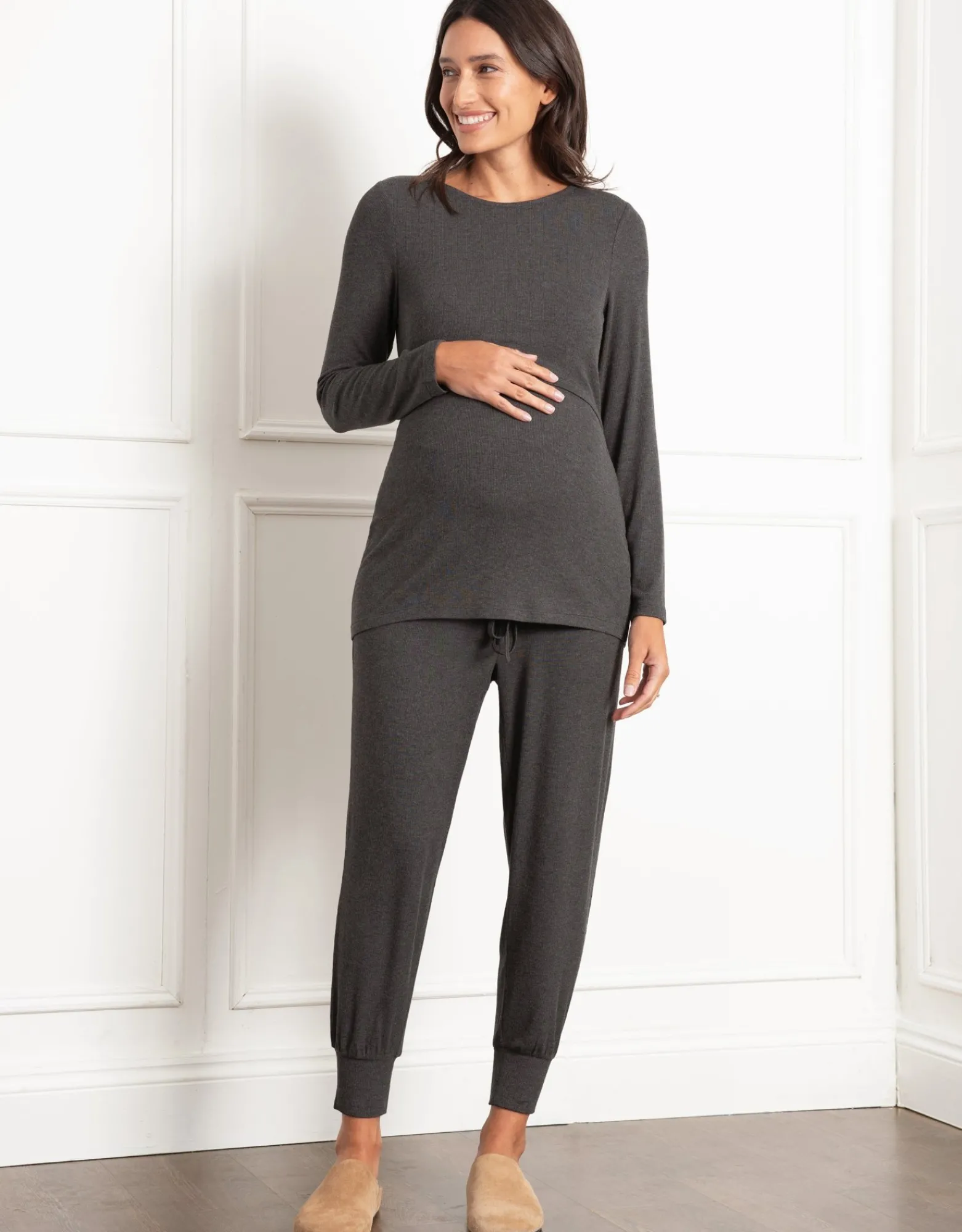 Hot Eyva | Long Sleeve Ribbed Maternity & Nursing Pyjama Set Sleepwear | Nightwear