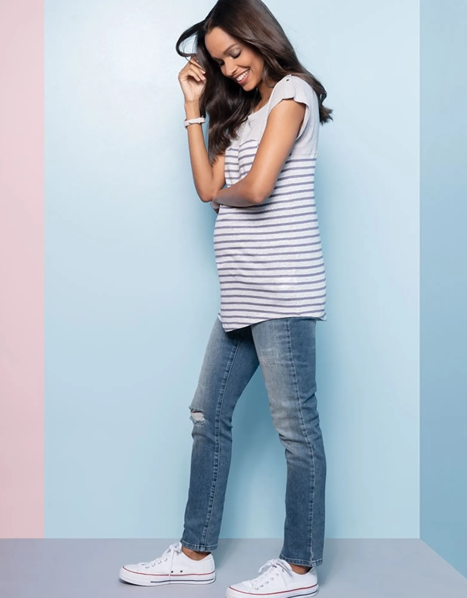 Store Henrietta | Linen Stripe Maternity & Nursing Top Tops