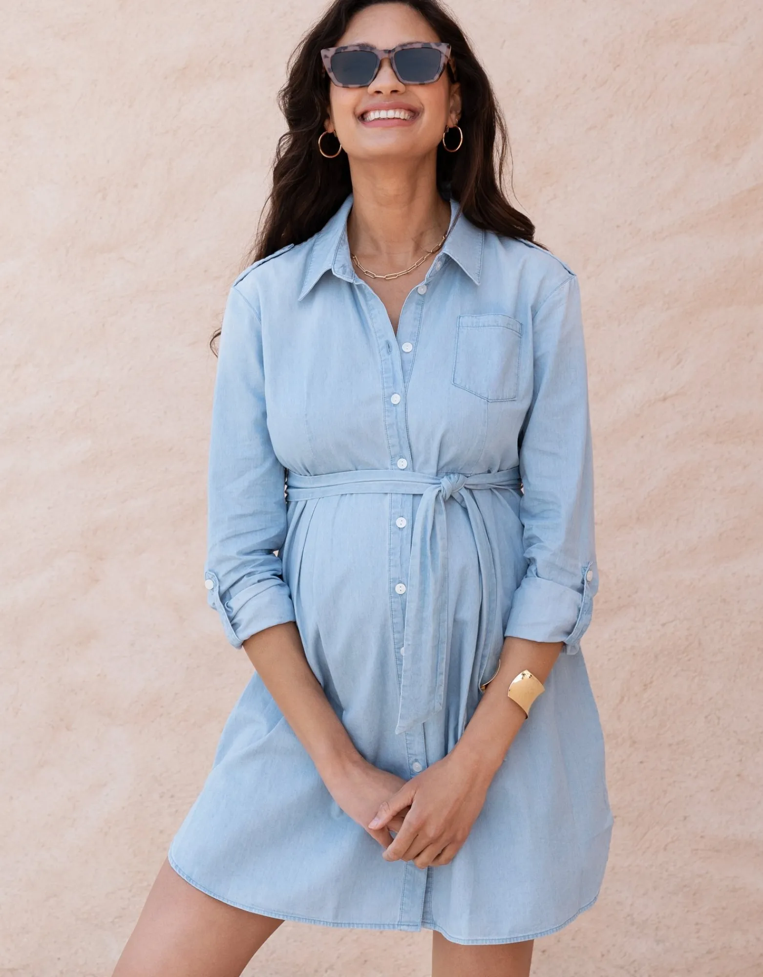 Online Justine | Cotton Chambray Belted Maternity-To-Nursing  Tunic Dresses | Tops