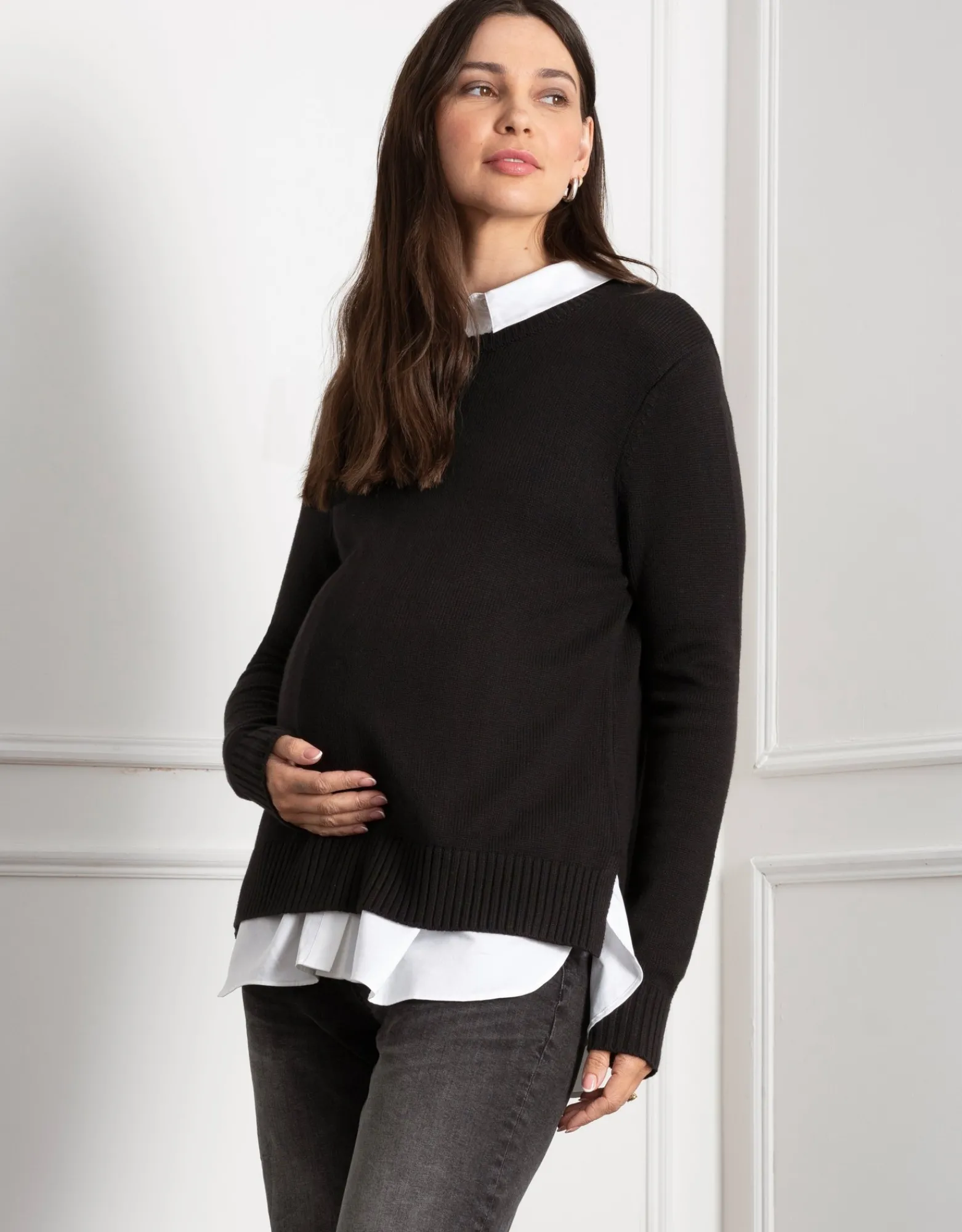 Outlet Kerryn | Knit Maternity & Nursing Sweater with Woven Shirt Jumpers & Sweaters | Tops