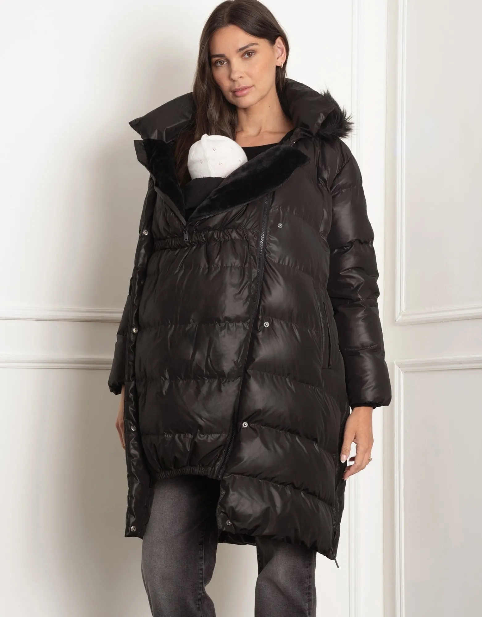 Shop Malika | Shiny Puffer Maternity Coat with Faux-Fur Trim Coats & Jackets | Coats & Jackets