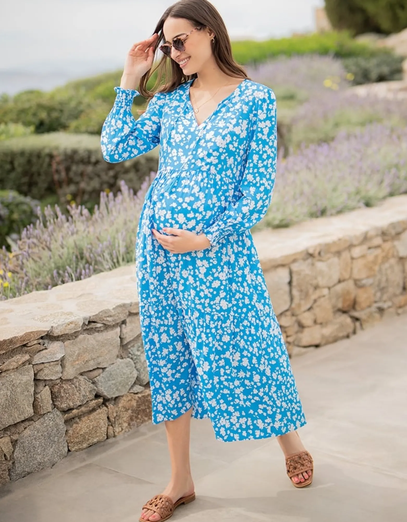 Clearance Margeaux | Blue & White Boho Midi Maternity & Nursing Dress Dresses | Dresses