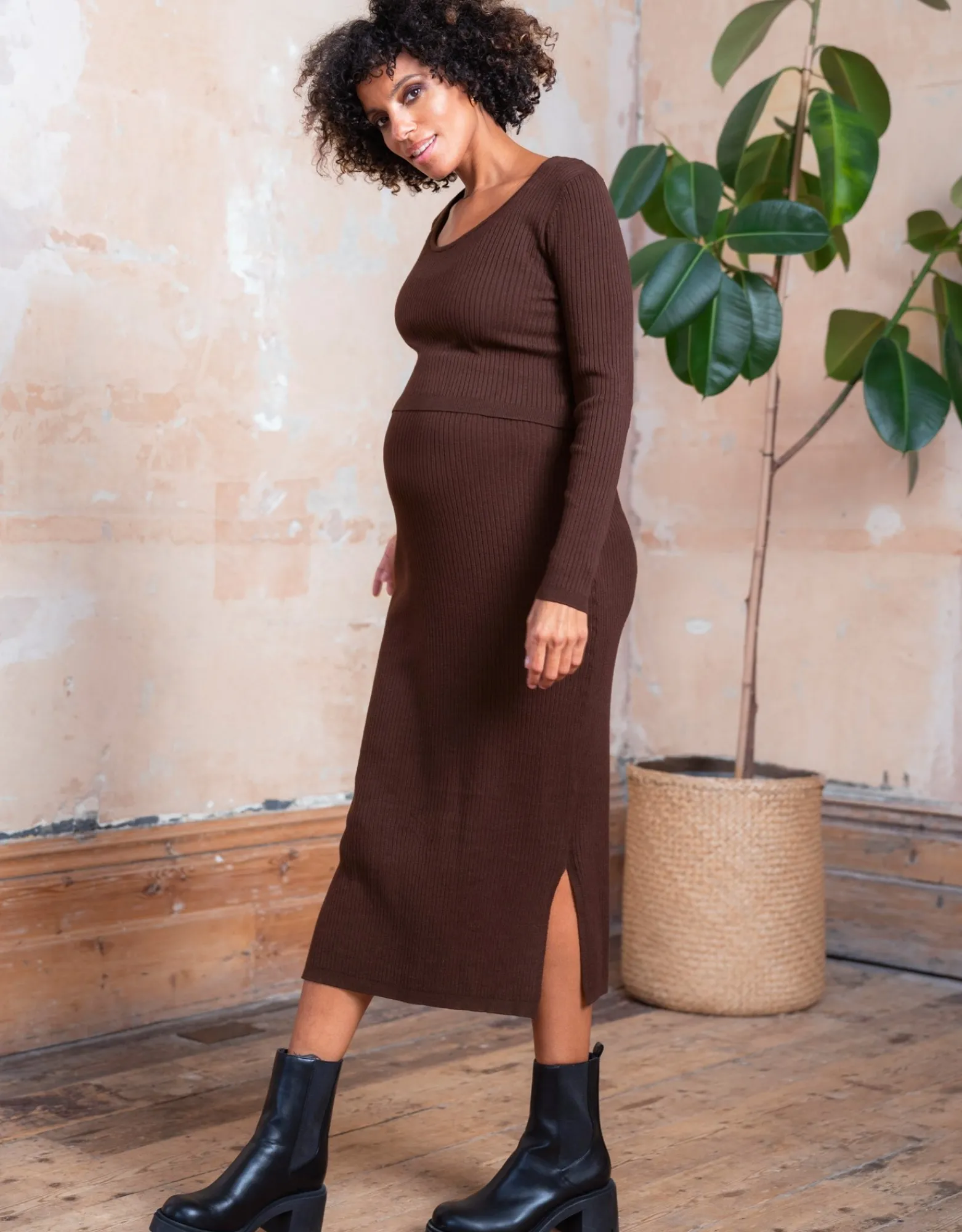 Discount Shania | Brown Ribbed Maternity & Nursing Dress Dresses | Dresses