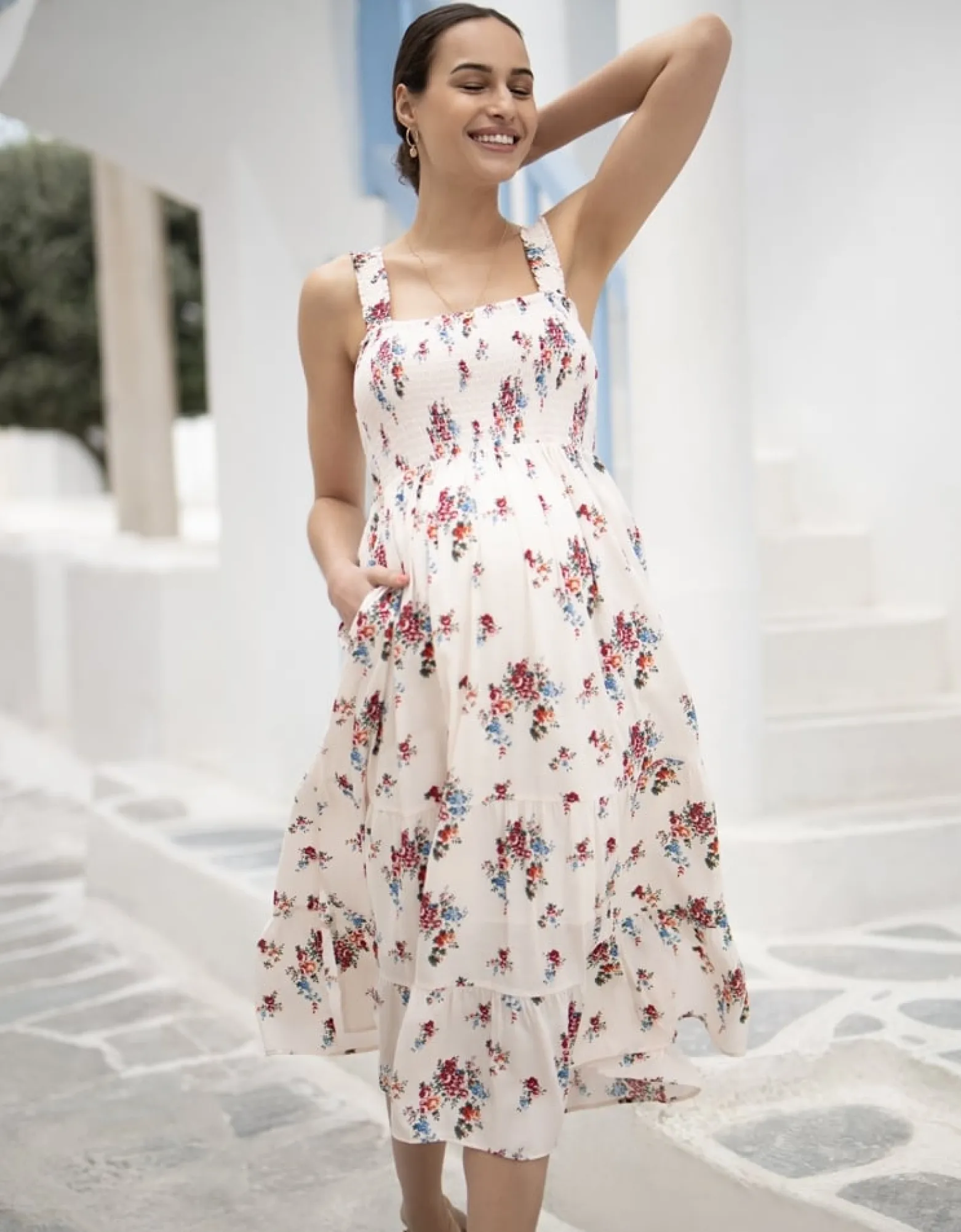 Online Tula | White Floral Tiered Midi Maternity Dress Dresses | Dresses