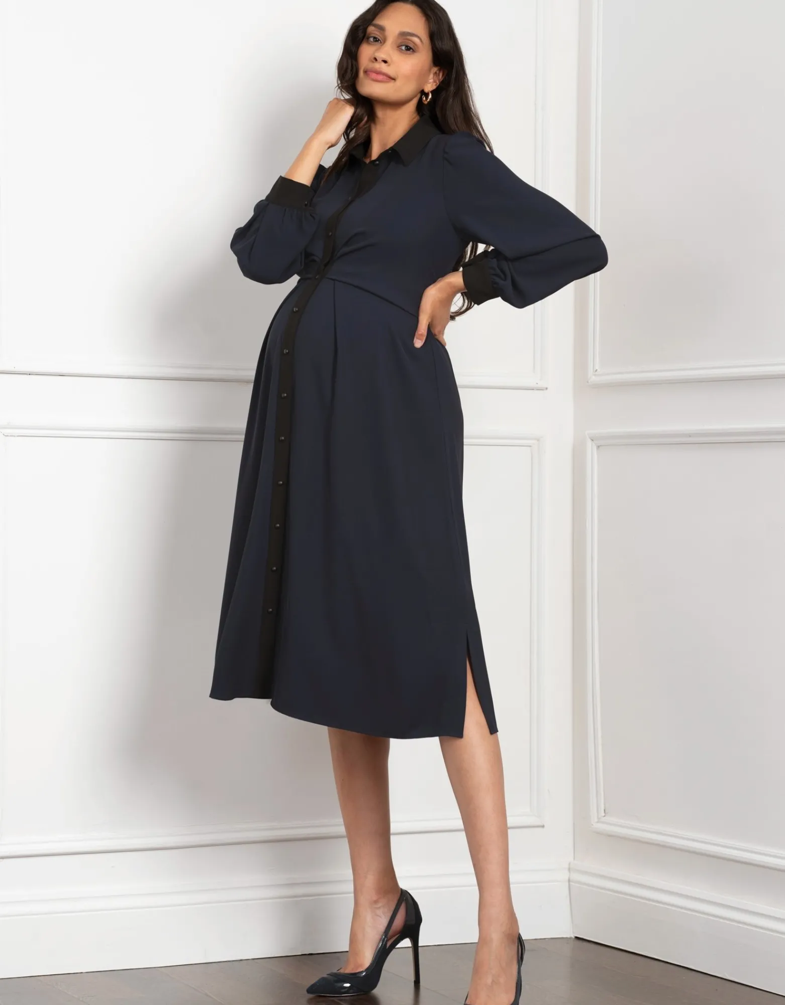 Online Vivian | Pleated Waist Maternity & Nursing Shirt Dress Dresses | Dresses