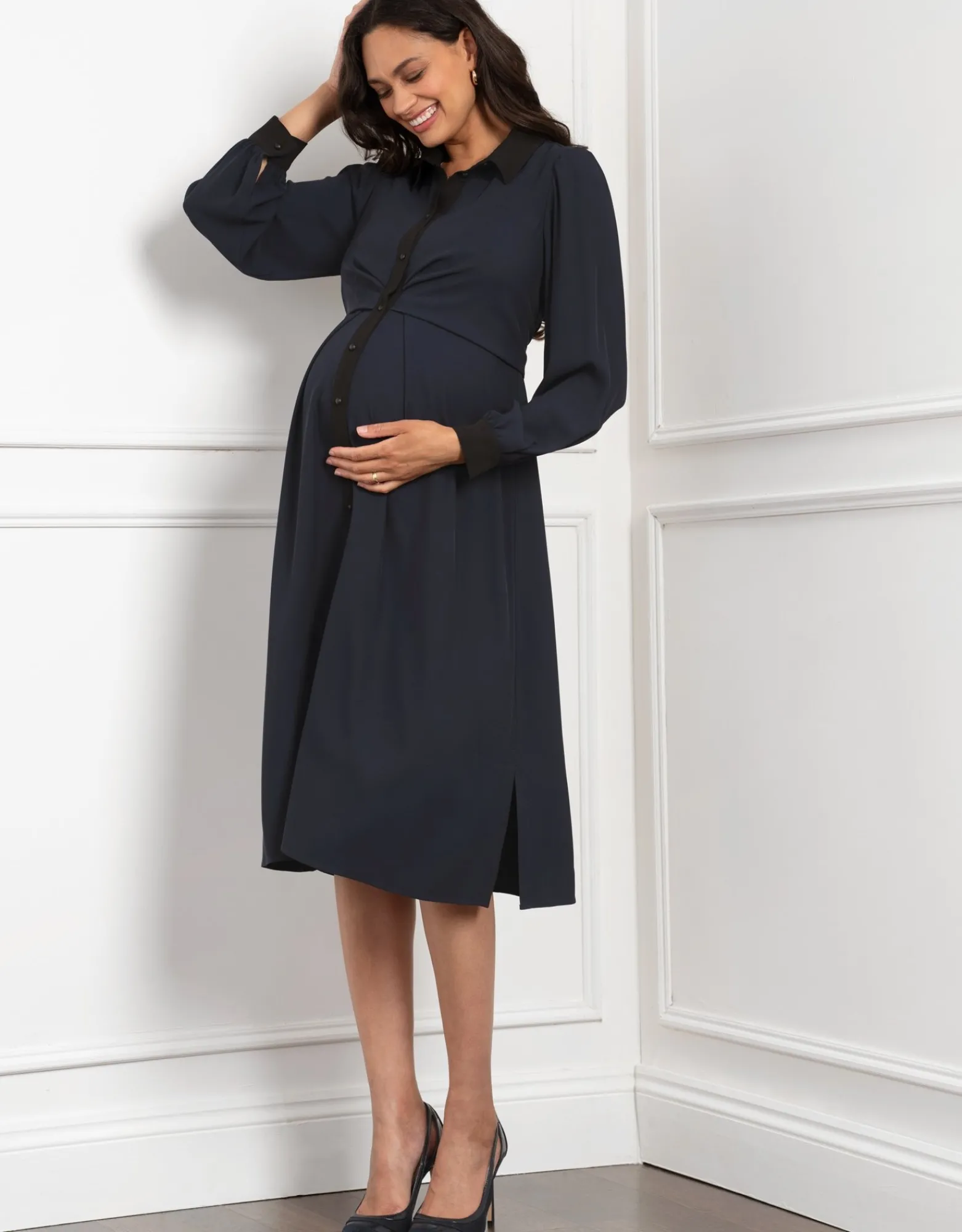 Online Vivian | Pleated Waist Maternity & Nursing Shirt Dress Dresses | Dresses